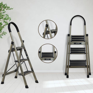 Plantex Ladder for Home-Foldable Aluminium 3 Step Ladder-Wide Anti Skid Steps (Anodize Coated-Gold)