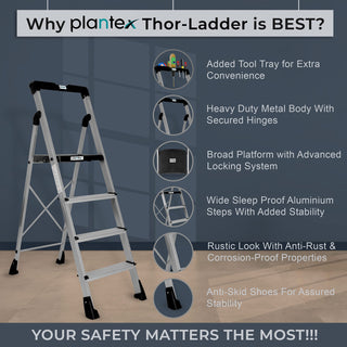 Plantex Thor Aluminium Step Folding Ladder 4 Step for Home with Advanced Locking System - Anti Slip 4 Step Ladder (Silver & Black)