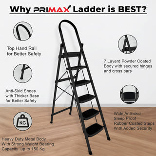 Primax 6-Step Ladder for Home | Wide Anti Skid Step Ladder - Strong Wide Steps Ladder | 5 Year Manufacturer Warranty (Black)