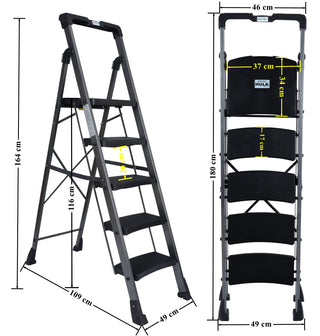 Plantex Heavy Duty Mild Steel Hulk Foldable Anti-Slip 5 Step Ladder for Home with Advanced Locking System, Safety Clutch Lock and Tool Tray for Home(Grey Metallic)