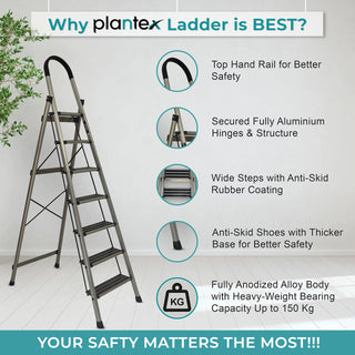 Plantex 7 Steps Ladder-Foldable Aluminium/Heavy Duty-Wide Anti Skid Steps (Anodize Coated-Gold)