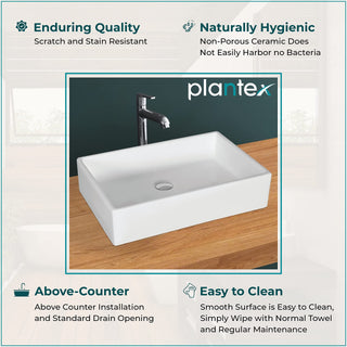 Plantex Platinium Tabletop Ceramic Rectangle Wash Basin/Countertop Bathroom Sink (White, 24.5 x 16.5 x 5 Inch)