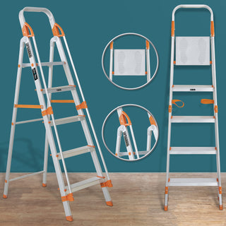 Plantex Secura 5 Steps Aluminium Ladder for Home/Foldable Ladder with Support Hand Rail (Orange-Silver)