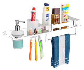 Plantex Stainless Steel 4in1 Multipurpose Bathroom Shelf/Bathroom Steel Rack with Tumbler Holder, Towel Rod and Liquid Soap Dispenser Chrome (18x5 inches)