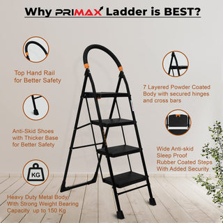 Primax 4-Step Foldable Ladder with Safety-Clutch Lock and Ribbed Steps/Step Ladder/GI Steel Ladder for Home(Primo-Black&Orange)