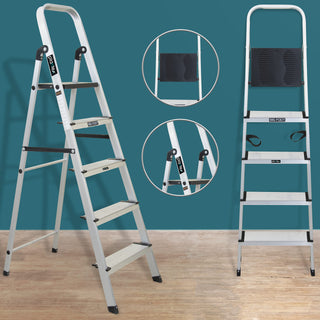 Plantex Big Foot - Widest Steps - Fully Aluminium Folding 5 Step Ladder for Home - 5 Wide Step Ladder (Black-Silver)