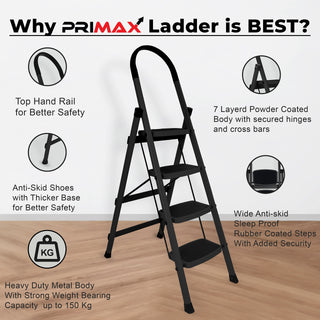 Primax 4-Step Ladder for Home - Wide Anti Skid Step Foldable Ladder | Capacity Upto 150 Kg (Black)