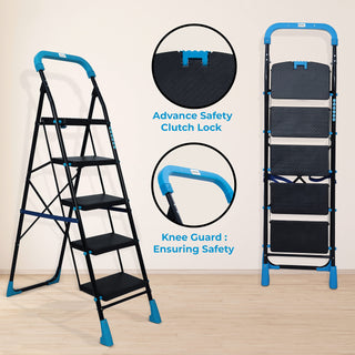 Plantex Heavy-Duty Mild Steel Stylo Folding 5 Step Ladder for Home with Advanced Locking System - 5 Wide Step Ladder(Black & Blue)