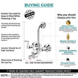 Plantex Pure Brass LEA-719 Wall Mixer for Bathroom 3 in 1 with Telephonic Bend for Arrangement of Overhead & Telephone Shower with Free Wall Flange & Teflon Tape- Wall Mount (Mirror-Chrome Finish)