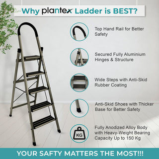 Plantex Ladder for Home-Foldable Aluminium 5 Step Ladder-Wide Anti Skid Steps (Anodize Coated-Gold)