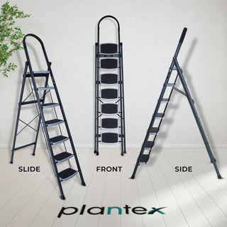 Plantex 7 Step Ladder-Foldable Steel -Wide Anti Skid Steps/5-Year Manufacturer Warranty(Grey & White)