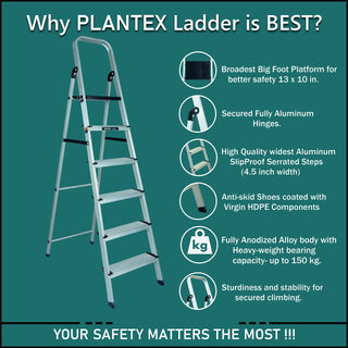 Plantex Big Foot - Widest Steps - Fully Aluminium Folding 6 Step Ladder for Home -Anti-Skid Step Ladder/6 Wide Step Ladder (Black-Silver)