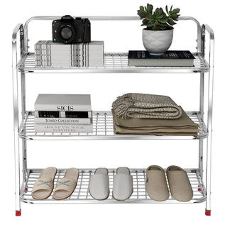 Planet Stainless Steel Shoe Rack For Home/Slipper Stand/Chappal Stand/Shoe Rack/Storage Organizer/3 Big Shelves/Wall Mount/Stand (Silver)