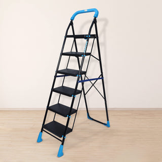 Plantex Stylo Heavy-Duty Mild-Steel Folding 6 Step Ladder for Home with Advanced Locking System/Wide Anti-Skid Step Ladder (Black & Blue)