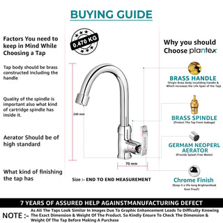 Plantex Pure Brass COL-1012, Single Lever Sink Cock with (High Arch 360 Degree) Swivel Spout for Kitchen Faucet/Sink Tap with Teflon Tape - Table Mounted (Mirror-Chrome Finish)