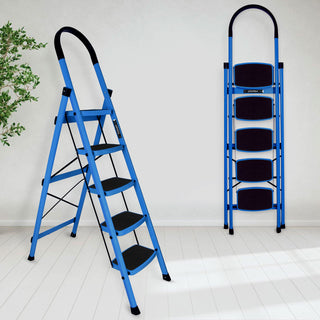 Plantex Premium Steel Foldable 5-Step Ladder for Home - Wide Anti Skid Step Ladder (Blue & Black)