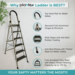 Plantex Ladder for Home-Foldable Aluminium 6 Step Ladder-Wide Anti Skid Steps (Anodize Coated-Gold)