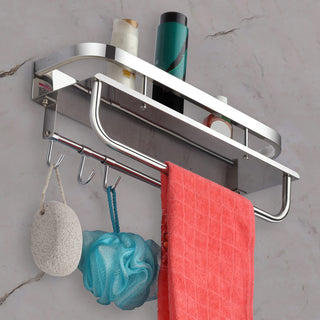 Plantex Stainless Steel Multipurpose Bathroom Shelf/Rack/Hanger/Towel Rod with Hooks - Bathroom Accessories (Chrome) - Wall Mount