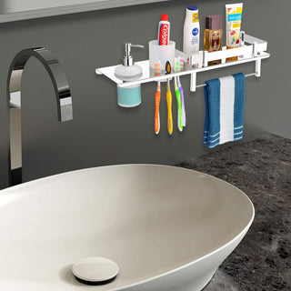 Plantex Stainless Steel 4in1 Multipurpose Bathroom Shelf/Bathroom Steel Rack with Tumbler Holder, Towel Rod and Liquid Soap Dispenser Chrome (18x5 inches)