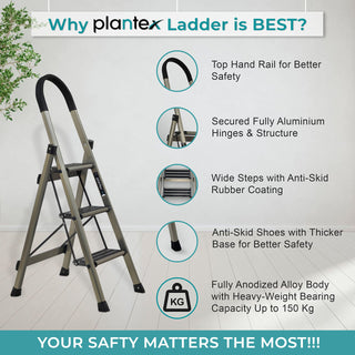 Plantex Ladder for Home-Foldable Aluminium 3 Step Ladder-Wide Anti Skid Steps (Anodize Coated-Gold)