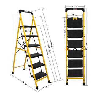 Primax Heavy-Duty GI-Steel Ladder Safety-Clutch Lock and Tool Tray/Step Ladder for Home - 6 Step (Squaro-Black&Yellow)