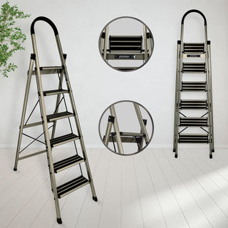 Plantex Ladder for Home-Foldable Aluminium 6 Step Ladder-Wide Anti Skid Steps (Anodize Coated-Gold)