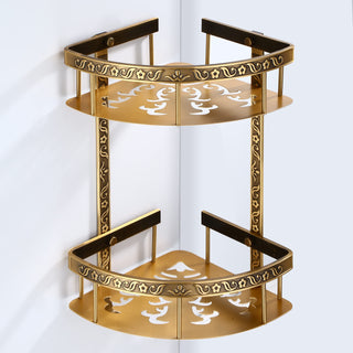 Plantex Antique Aluminum Double Tier Corner Antique Finish Bathroom Kitchen Shelf (Brass).