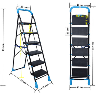 Plantex Stylo Heavy-Duty Mild-Steel Folding 6 Step Ladder for Home with Advanced Locking System/Wide Anti-Skid Step Ladder (Black & Blue)