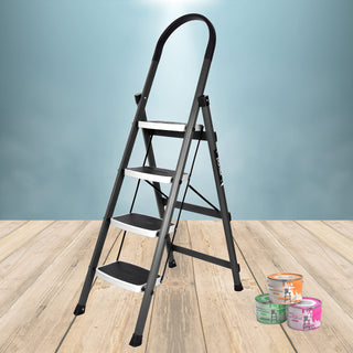 Plantex Ladder for Home-Foldable Steel 4 Step Ladder-Wide Anti Skid Steps (Gray & White)