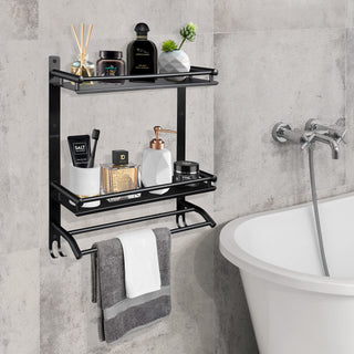 Plantex Rack for Bathroom Wall Mounted/Stainless Steel Bathroom Items with Hooks & Towel Hanger/Bathroom Fittings Accessories Set (3-Tier, Matt Black)