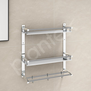 Plantex Shelf for Bathroom Organizer/Stainless Steel Bathroom Items with Towel Holder/Towel Rod & Hooks/Bathroom Fittings Accessories Set (3-Tier, Chrome)