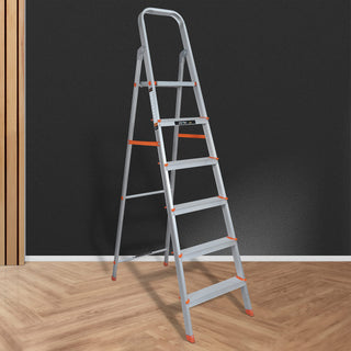 Plantex Restructured Legend Folding 6 Step Ladder for Home - 6 Wide Anti-Skid Step Ladder (Orange-Silver, Aluminium)