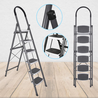 Plantex Ladder for Home-Foldable Steel 6 Step Ladder-Wide Anti Skid Steps (Gray & White)