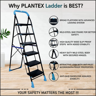 Plantex Stylo Heavy-Duty Mild-Steel Folding 6 Step Ladder for Home with Advanced Locking System/Wide Anti-Skid Step Ladder (Black & Blue)