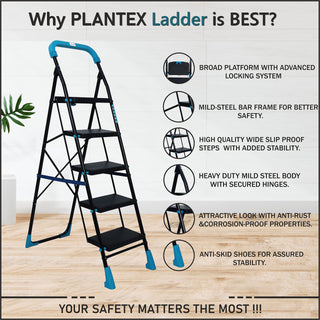 Plantex Heavy-Duty Mild Steel Stylo Folding 5 Step Ladder for Home with Advanced Locking System - 5 Wide Step Ladder(Black & Blue)