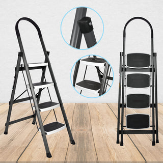 Plantex Ladder for Home-Foldable Steel 4 Step Ladder-Wide Anti Skid Steps (Gray & White)