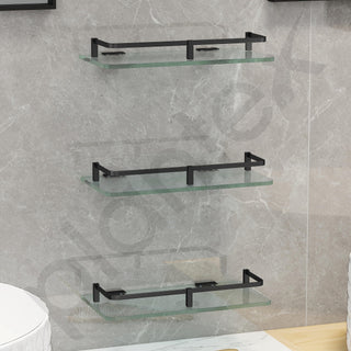 Plantex Bathroom Accessories - Wall Mounted Bathroom Shelf/Glass Shelves for Kitchen/Living Room with Black Brass Railings (Frosted - 12x6 Inches - Pack of 3)