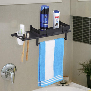 Plantex Stainless Steel 3in1 Multipurpose Bathroom Shelf/Rack/Towel Hanger/Tumbler Holder/Bathroom Accessories (15 x 6 Inches-Matt Black)