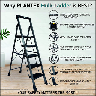 Plantex Heavy Duty Mild Steel Hulk Foldable Anti-Slip 5 Step Ladder for Home with Advanced Locking System, Safety Clutch Lock and Tool Tray for Home(Grey Metallic)