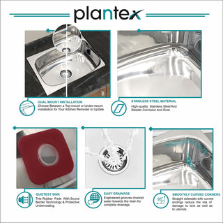 Plantex Stainless Steel Kitchen Sink/Single Bowl Kitchen Sink with Hose Pipe and Round Coupling - Flush Mount/Under Mount/Top Mount - (Chrome - 24x18 inch)