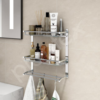 Plantex Shelf for Bathroom Organizer/Stainless Steel Bathroom Items with Towel Holder/Towel Rod & Hooks/Bathroom Fittings Accessories Set (3-Tier, Chrome)