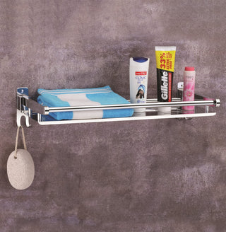 Plantex Elegant Stainless Steel Multipurpose Folding Bathroom Shelf Rack for Wall/Towel Rack with Towel Hooks/Bathroom Accessories(Chrome Finish)