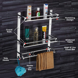 Plantex Bathroom Rack Stainless Steel - Multipurpose 3 Tier Bathroom Shelf with Towel Holder and Hooks