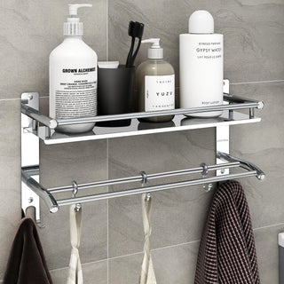 Plantex Elegant-Plus Stainless Steel Polished Wall-Mount Multipurpose 2 Tier Bathroom Shelf with Towel Holder (Chrome Finish)