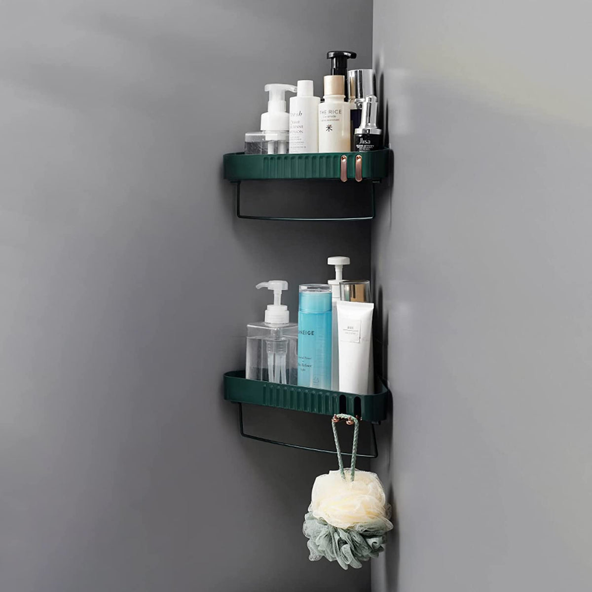 Primax Bathroom Accessories-Bathroom Corner/Shelf/Self-Adhesive Wall-Mount Shelf with Towel Hanger/Bathroom Organizer - Green (Pack of 2)