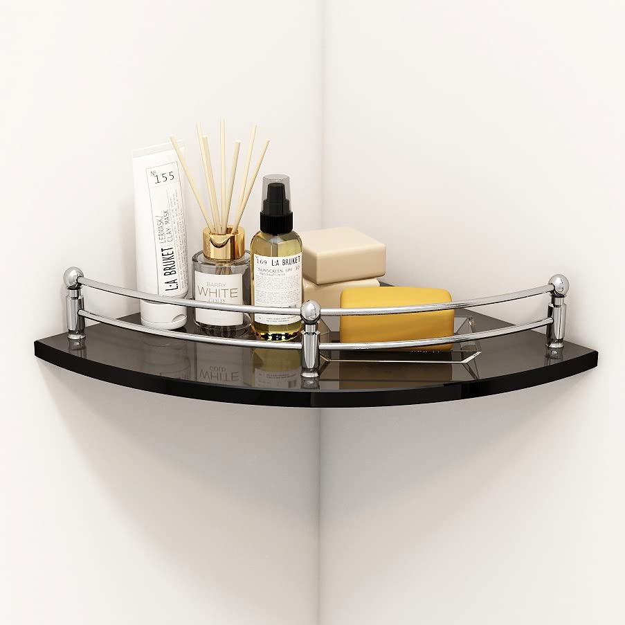 Plantex Premium Black Glass Corner Shelf for Bathroom/Wall Shelf/Storage Shelf (12 x 12 Inches - Pack of 1)