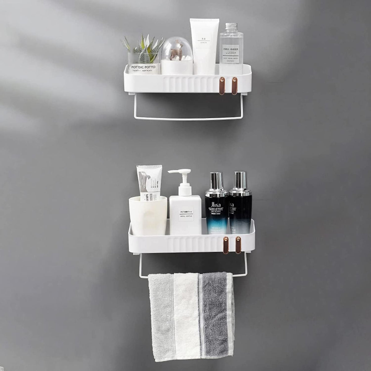 Primax Bathroom Accessories-Bathroom Shelf/Multipurpose Self-Adhesive Wall-Mount Shelf with Towel Hanger/Bathroom Organizer - White (Pack of 4)