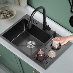 Plantex 304 Grade Stainless Steel Kitchen Sink With Integrated Waterfall/Faucet & Dustbin/Glass Washer & Drain Basket (Nano-black)