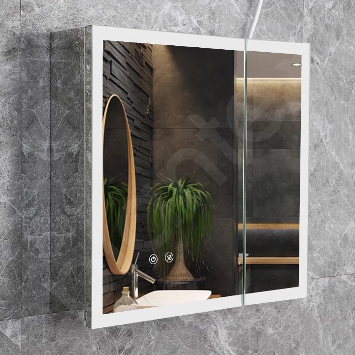 Plantex LED Mirror Cabinet for Bathroom with Defogger/Double Door Cabinet/Bathroom Organizer/Shelf - 18x18 Inches