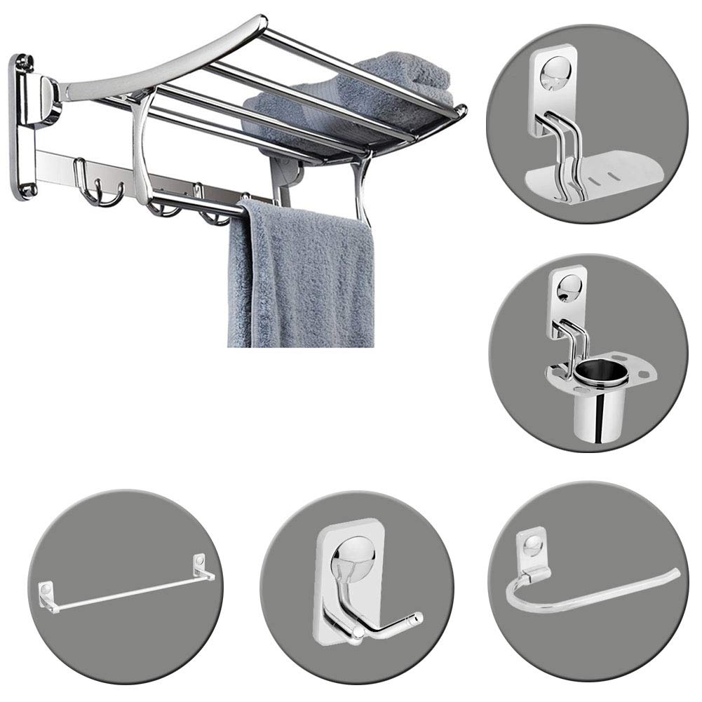 Plantex Bathroom Accessories- Stainless Steel 6pcs Bathroom Organizer Set- Folding Towel Rack/Towel Rod/Napkin Ring/Soap Holder/Tumbler Holder/Robe Hook(Chrome)